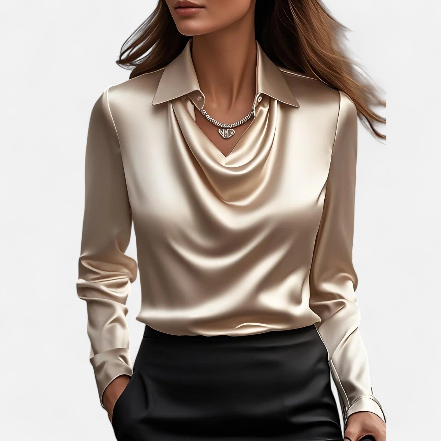 Elegant Women’s Satin Blouse with Draped Neckline