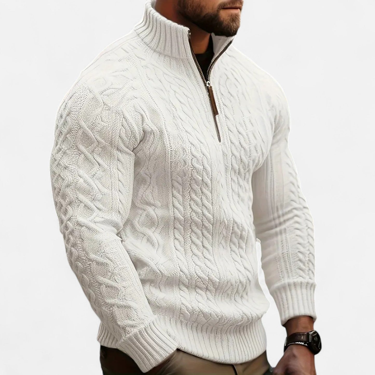 Men’s Half-Zip Cable Knit Sweater – Timeless Warmth & Refined Style