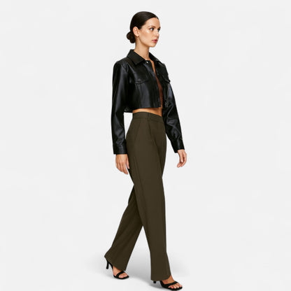 Women’s Cropped Leather Jacket – Structured Lapel, Bold Contemporary Style