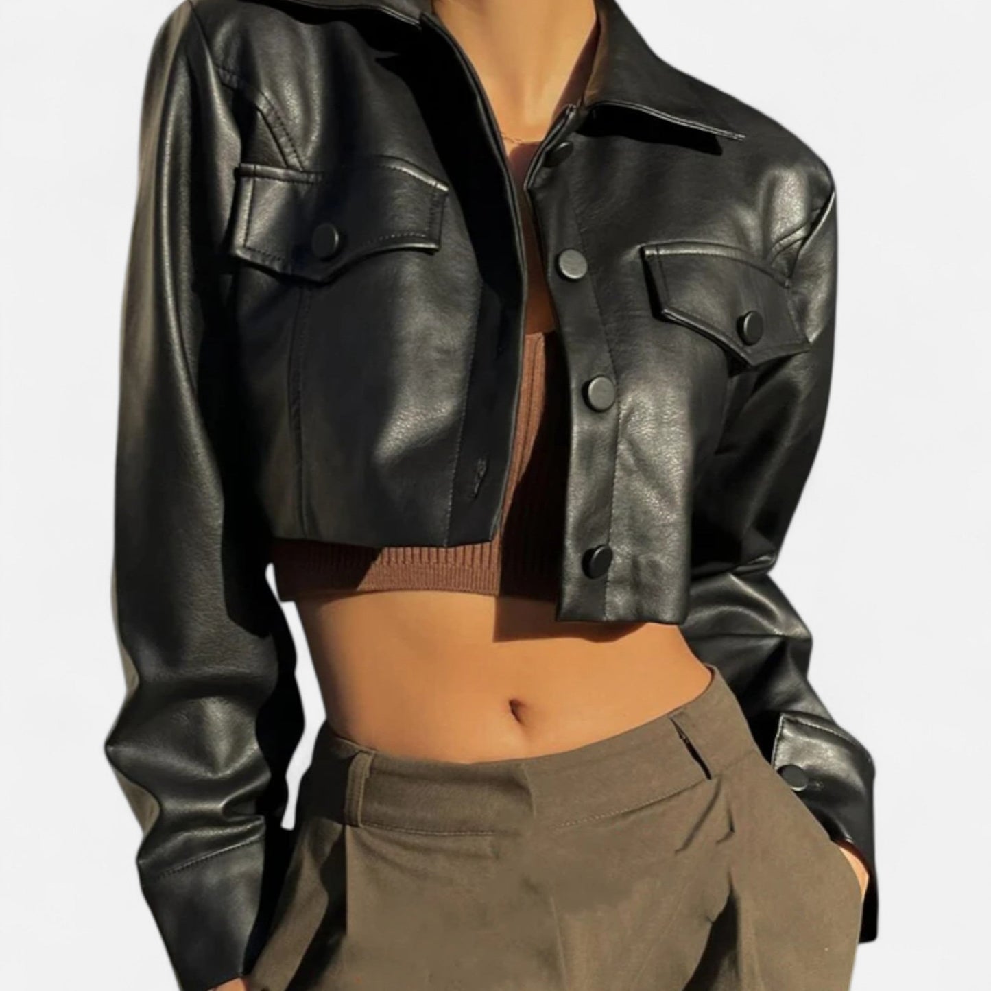 Women’s Cropped Leather Jacket – Structured Lapel, Bold Contemporary Style