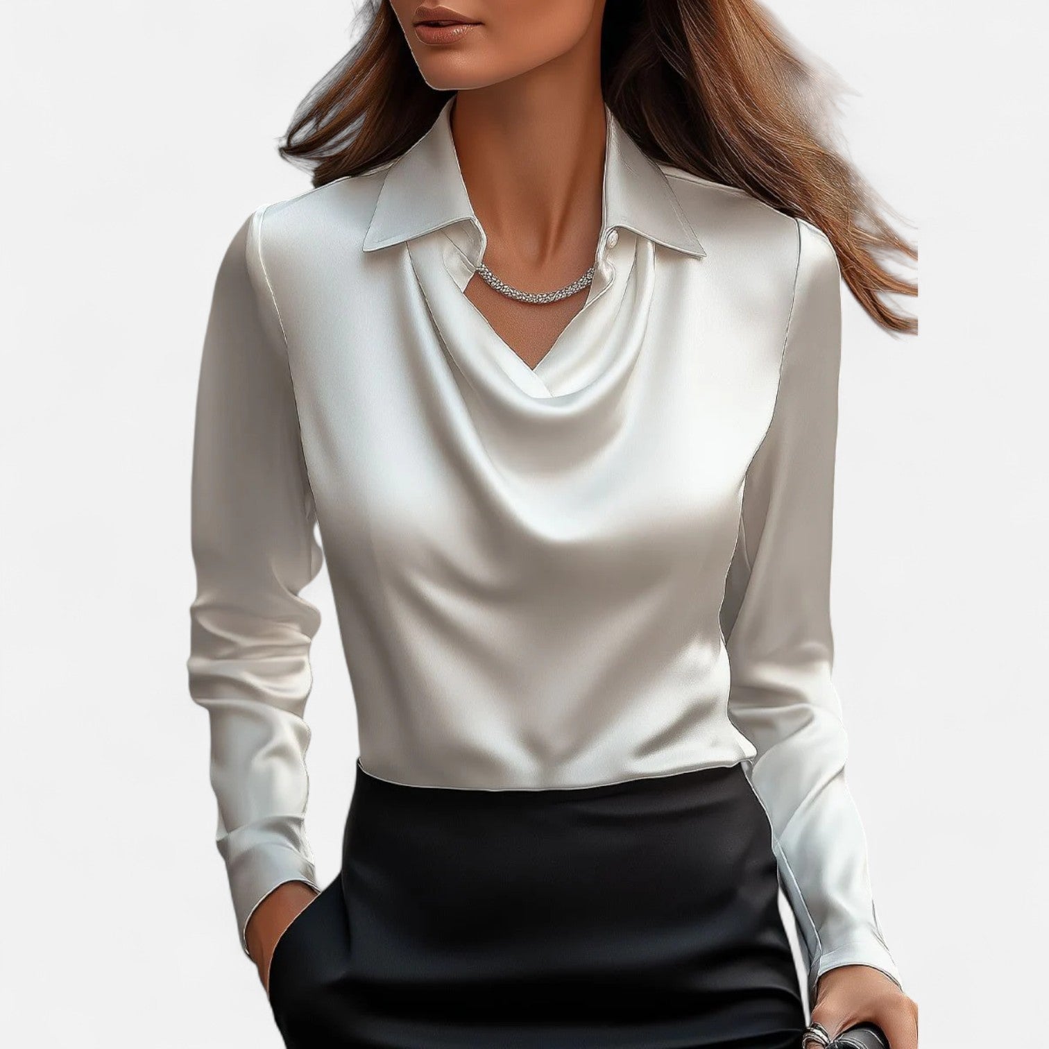 Elegant Women’s Satin Blouse with Draped Neckline