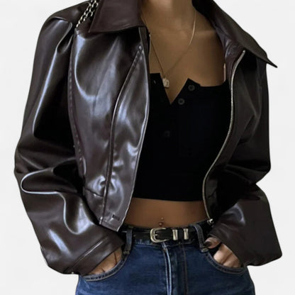 Women’s Cropped Leather Jacket – Structured Lapel, Bold Contemporary Style